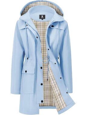 Women's Light Blue Plaid Long Raincoat Hooded Windbreaker Waterproof Trench Coat
